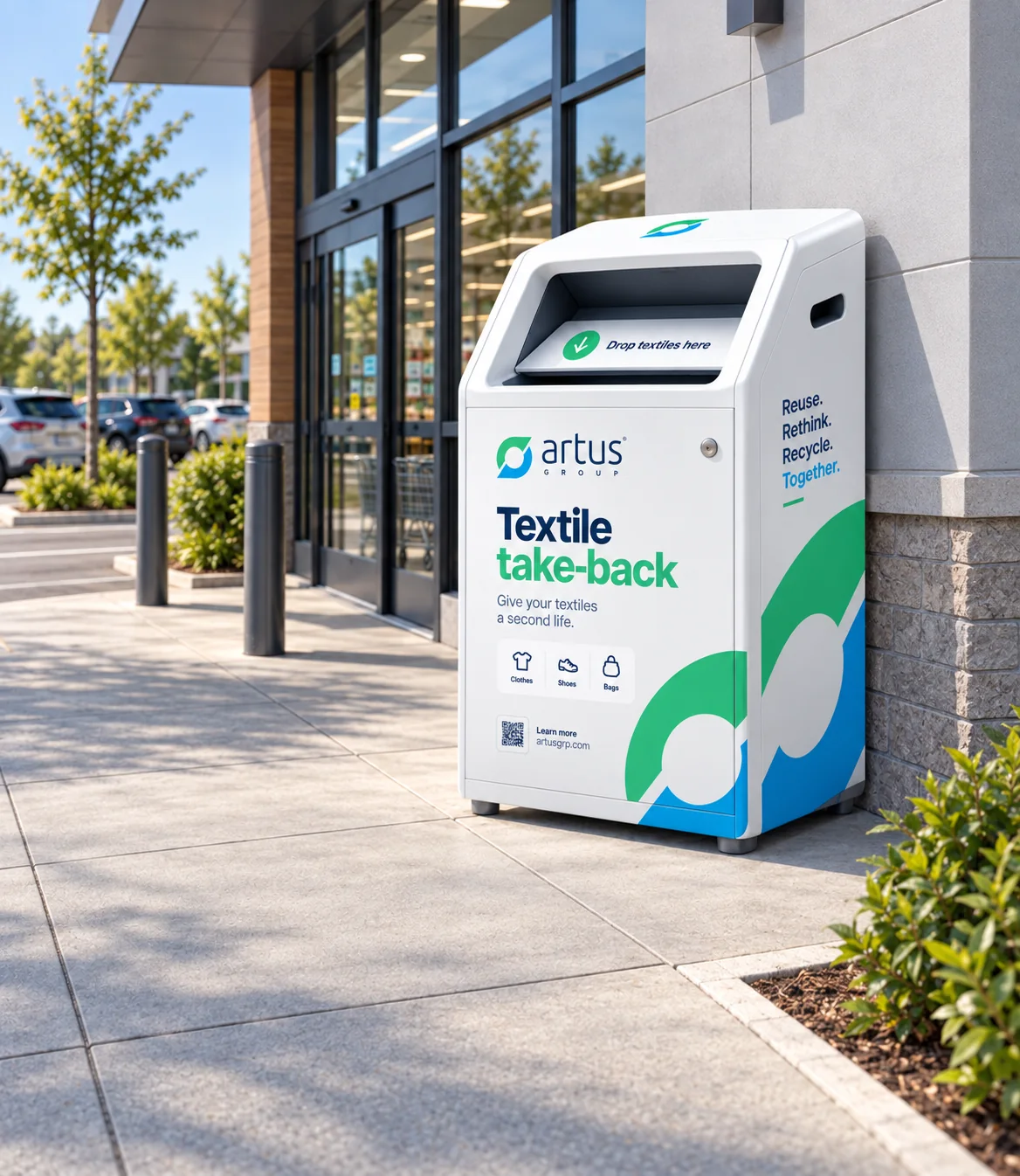 Artus textile take-back unit outside a store entrance