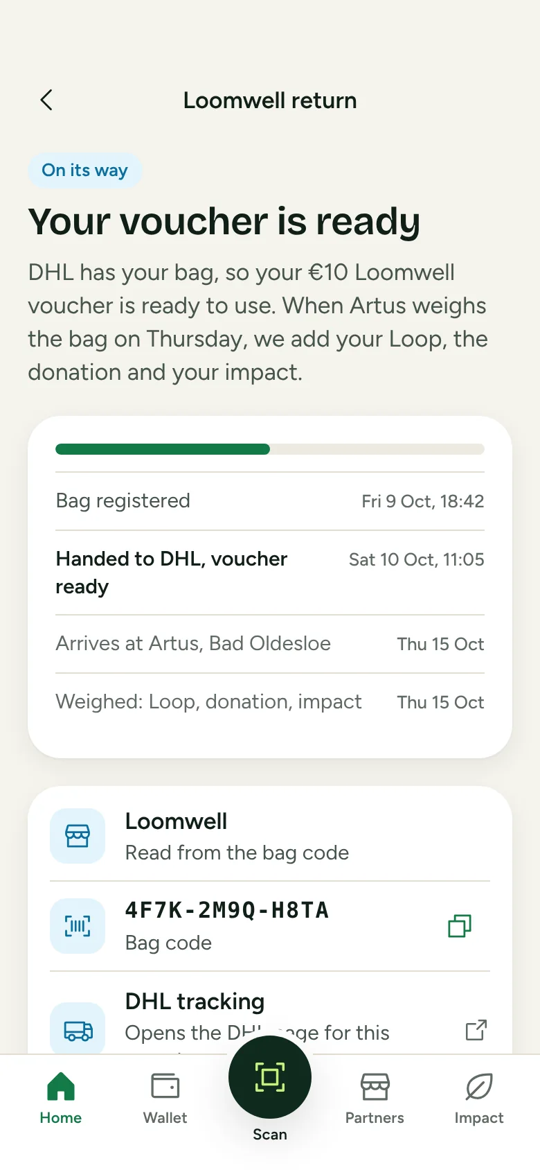 A return in the tcycled app: registered, handed to the carrier, arriving at Artus in Bad Oldesloe and weighed