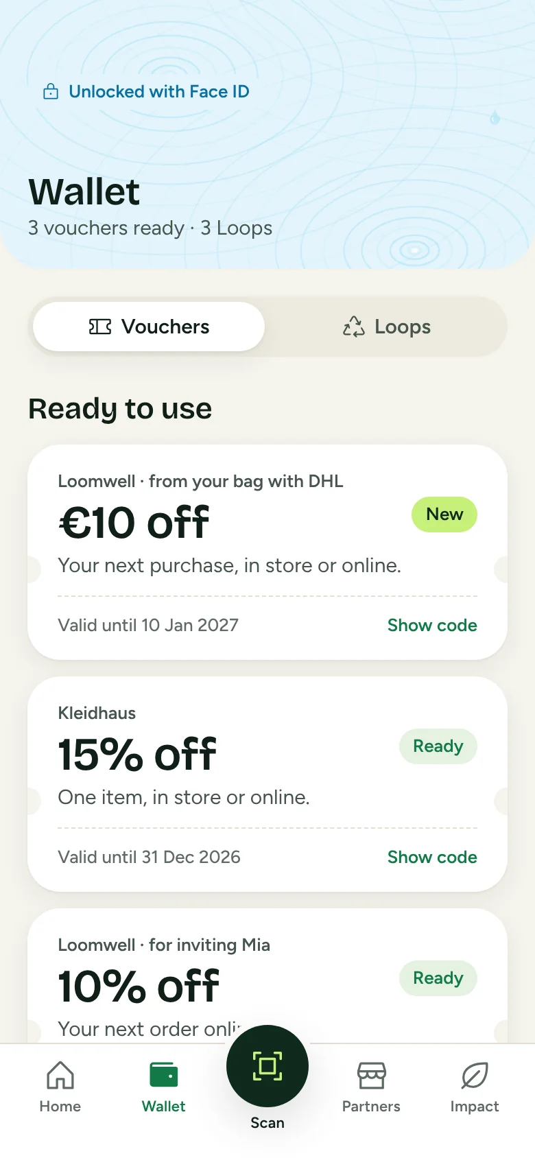 Wallet with vouchers from partner shops